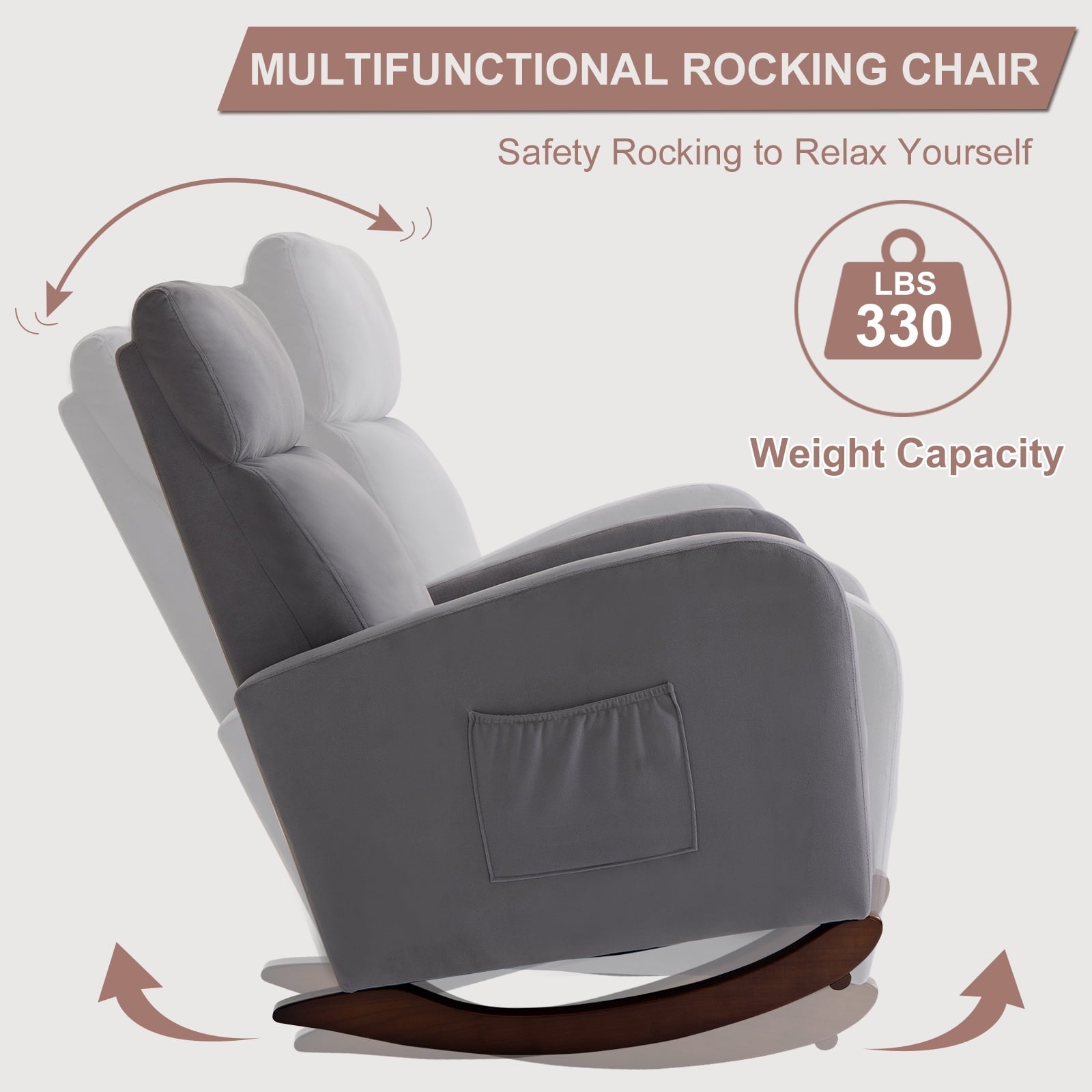 AVAWING Nursery Rocking Chairs Mid Century Glider Chair Upholstered Velvet High Back Arm Chair (Gray)