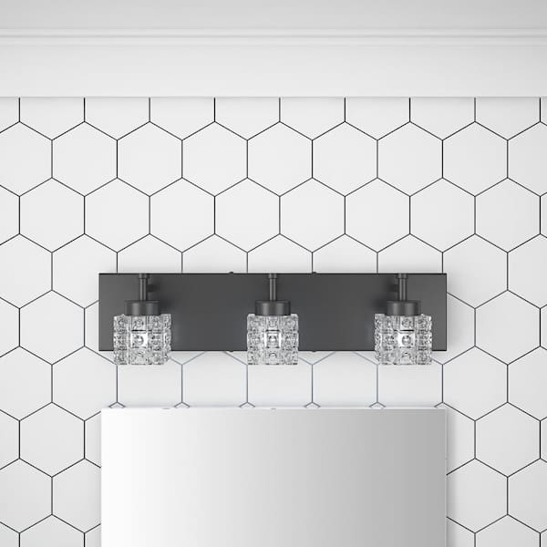 19.7 in. 3-Light Dimmable Black Bathroom Vanity Light with Crystal Glass Shades