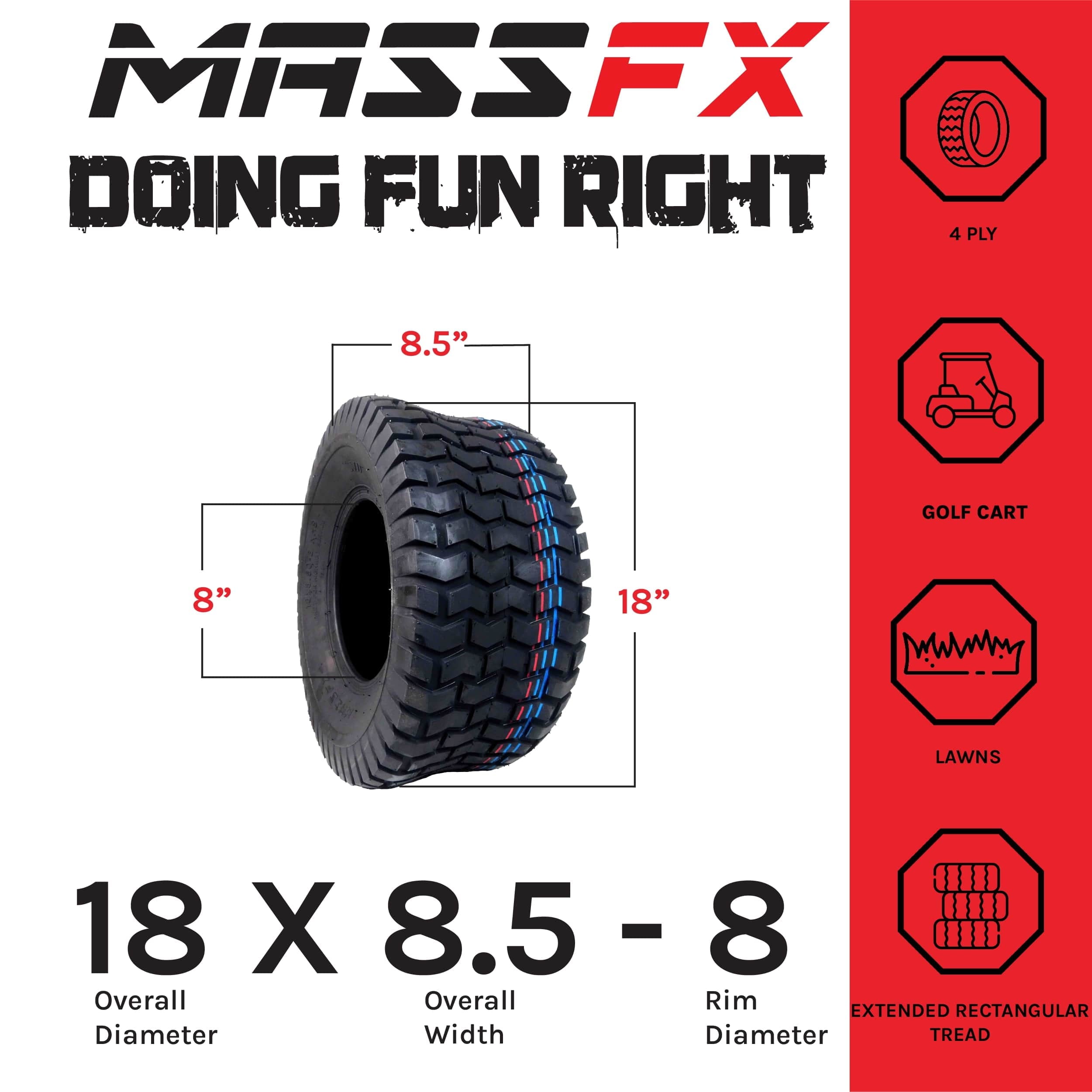 MASSFX 18x8.5-8 Lawn & Garden, Golf Cart, Turf Tires 4 Ply with 5mm Tread Depth 18x8.5x8 (4 Pack)