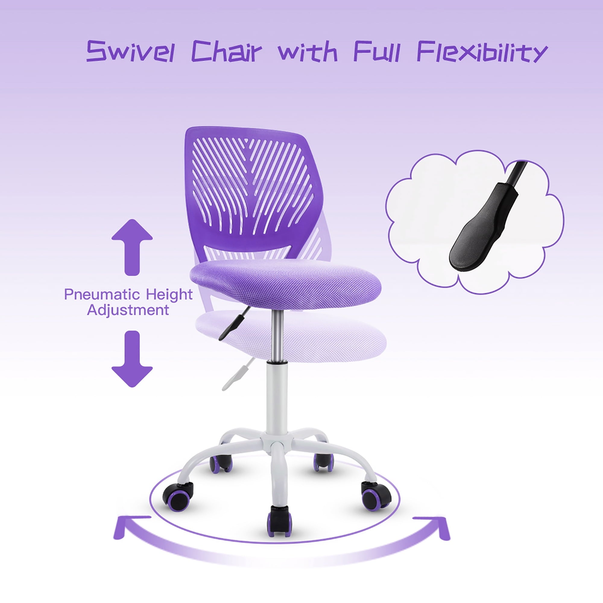 Costway Office Task Desk Armless Chair Adjustable Mid Back Swivel Study Chair Purple