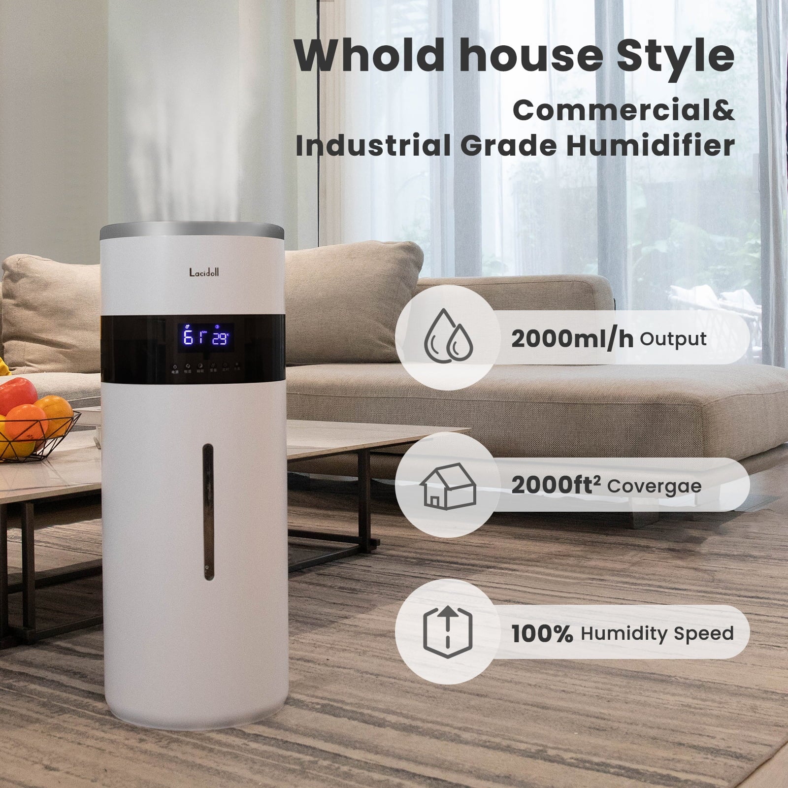 Lacidoll Humidifiers for Large Room - 4.8Gal/18L Wholehouse Humidifier 2000 Sq.ft -  Top Fill, Remote, Timer, 2000ml per Hour Mist Output