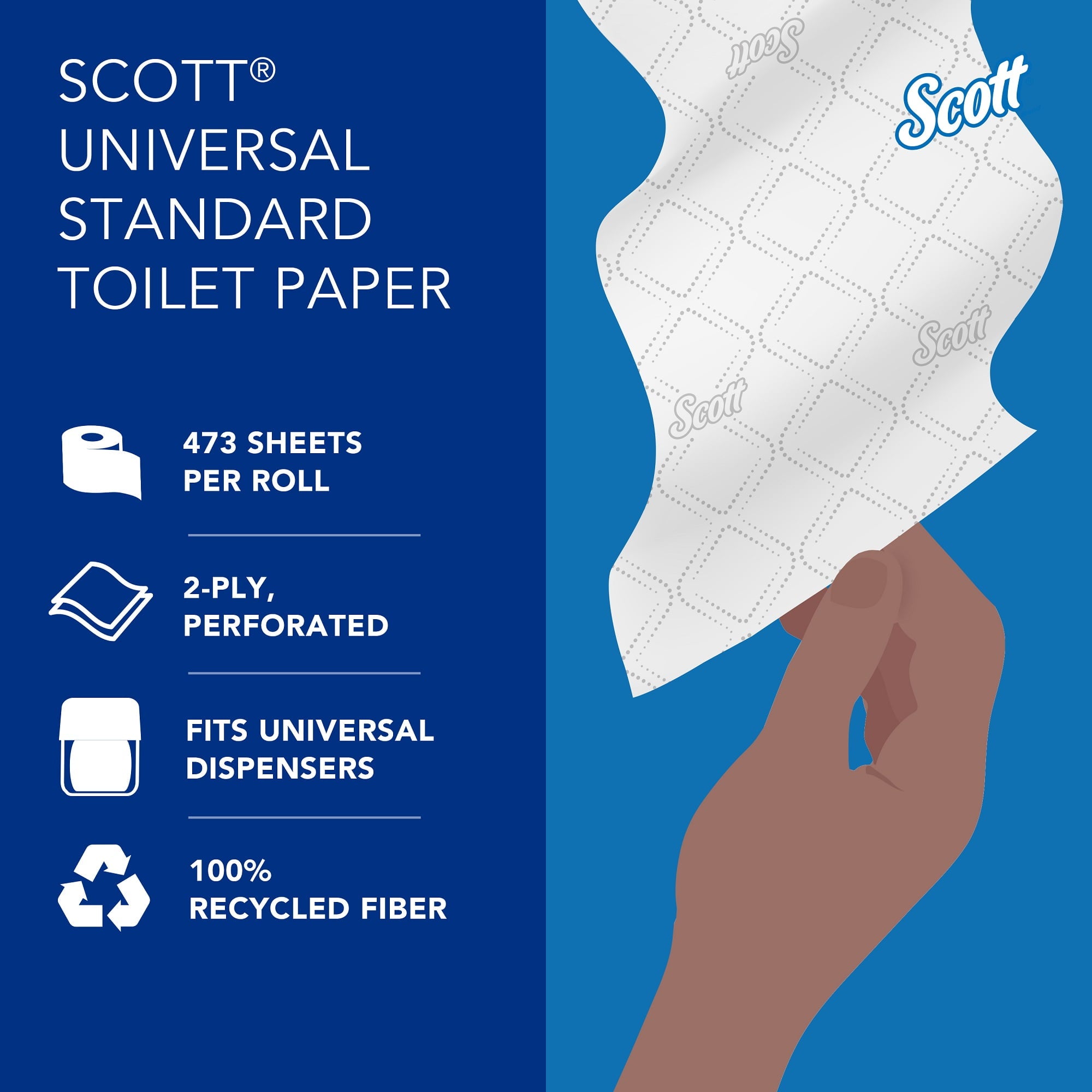 Scott Professional 100% Recycled Fiber Standard Roll Toilet Paper (13217), with Elevated Design, 2-Ply, White, Individually wrapped rolls, (473 Sheets/Roll, 80 Rolls/Case, 37,840 Sheets/Case)