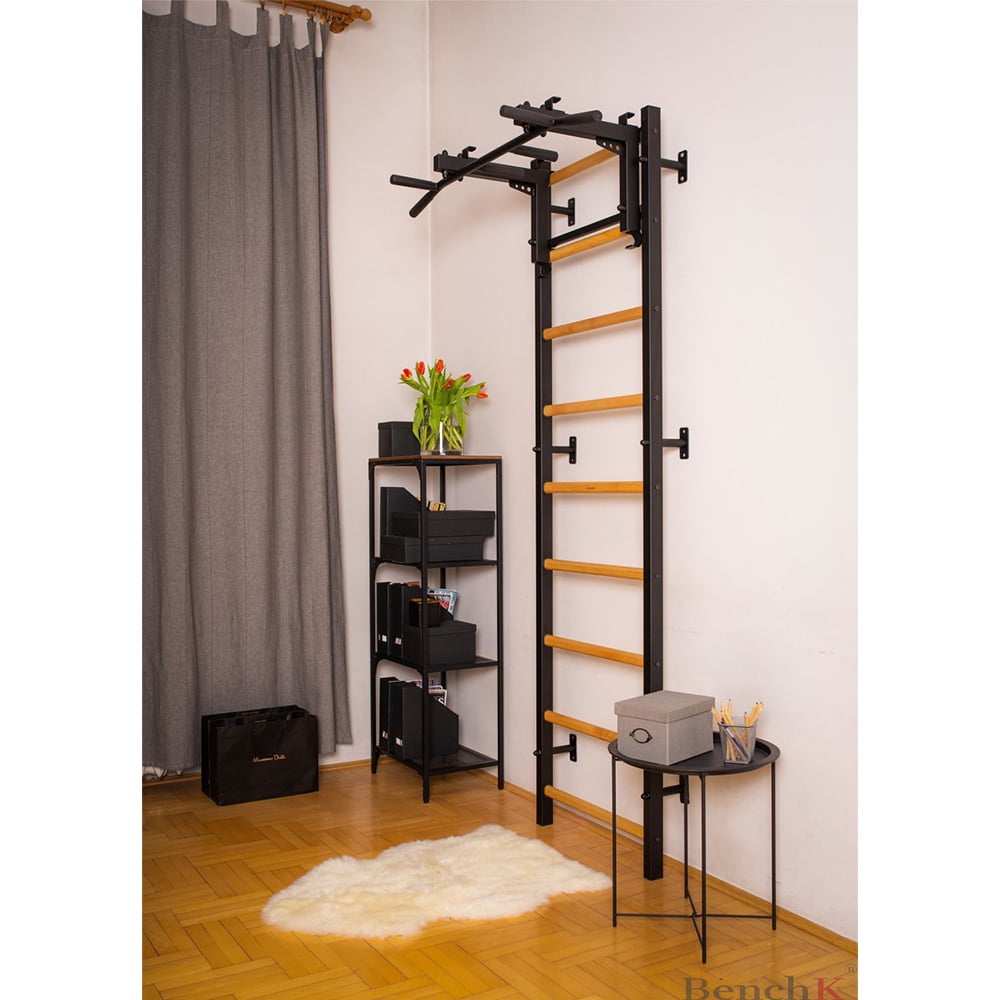 BenchK 731 Black Wall bars with convertible steel 6-grip pull-up bar that can also be used as a barbell holder