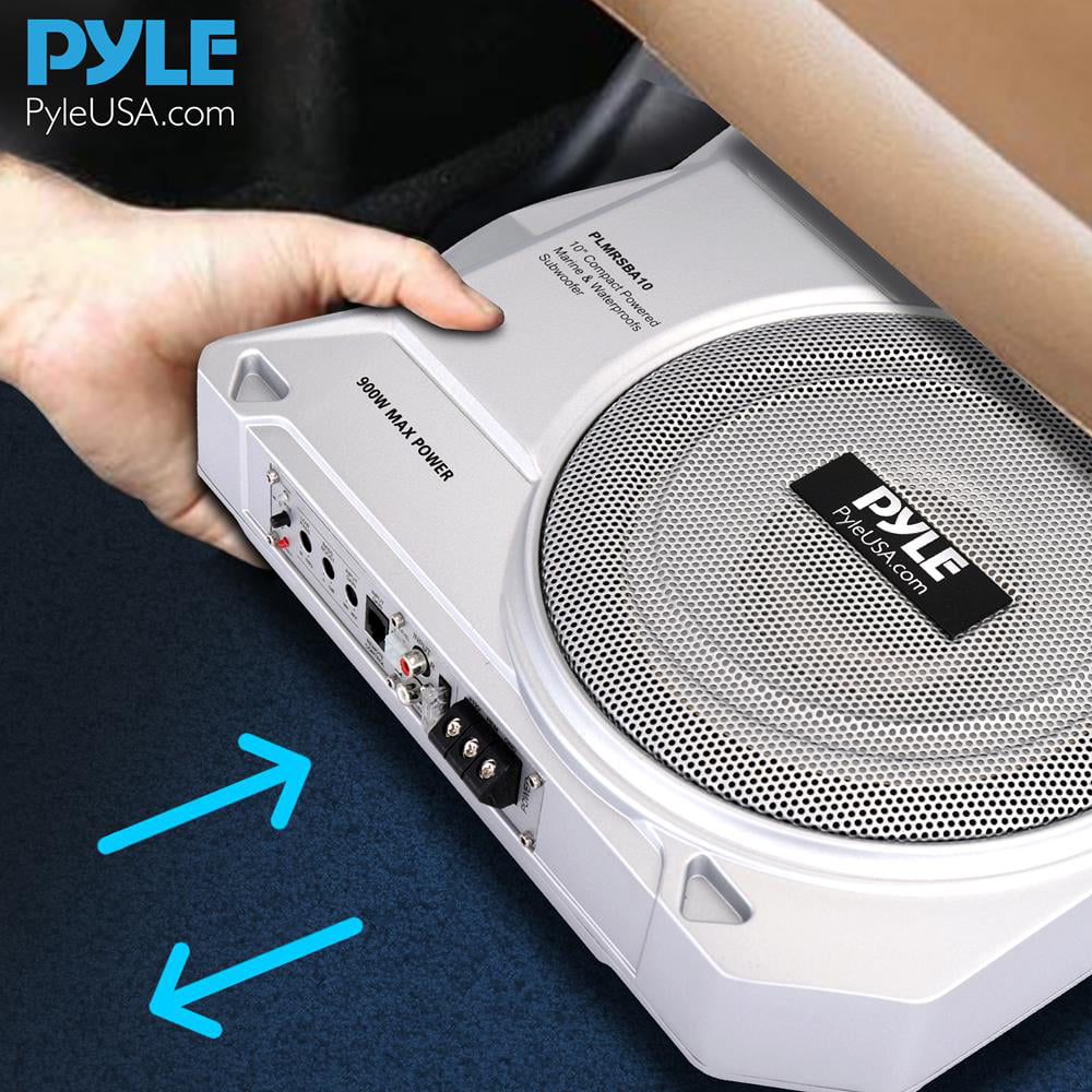 Pyle 10-Inch Low-Profile Amplified 900 Compact Enclosed Active Marine Under seat Car Subwoofer
