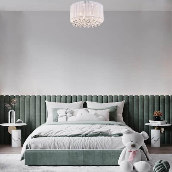 Belle 4-Light Chrome Flush Mount with White Threaded Drum Shade and Clear Glass Hanging Crystals