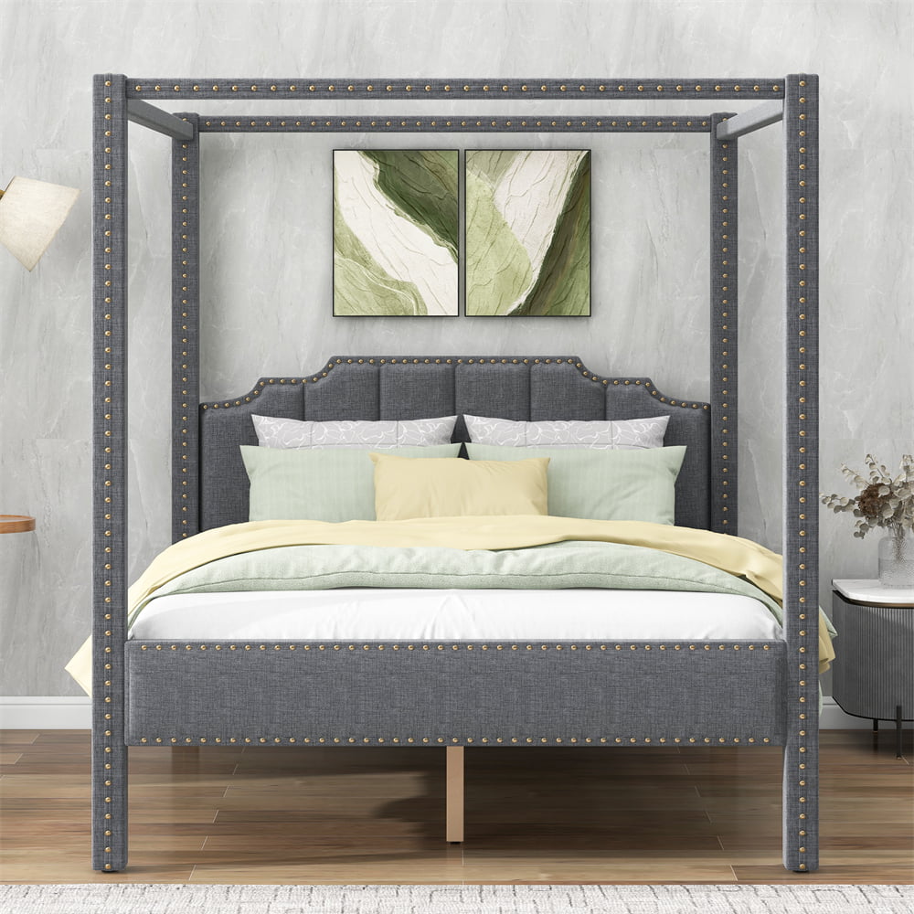 Queen Upholstery Bedframe Platform Canopy Bed with Headboard, Gray Linen Queen Size Wooden Platform Bed Frame