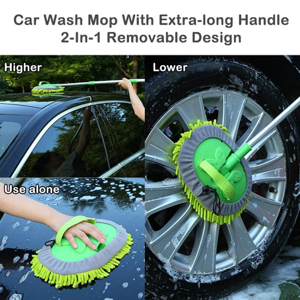 45'' Car Wash Brush with Long Handle Car Wash Mop Mitt Sponge Chenille Microfiber Car Brush Kits Car Cleaning Tools Supplies Duster Scratch Free 180 Degree Rotation for Washing RV Truck and Bus
