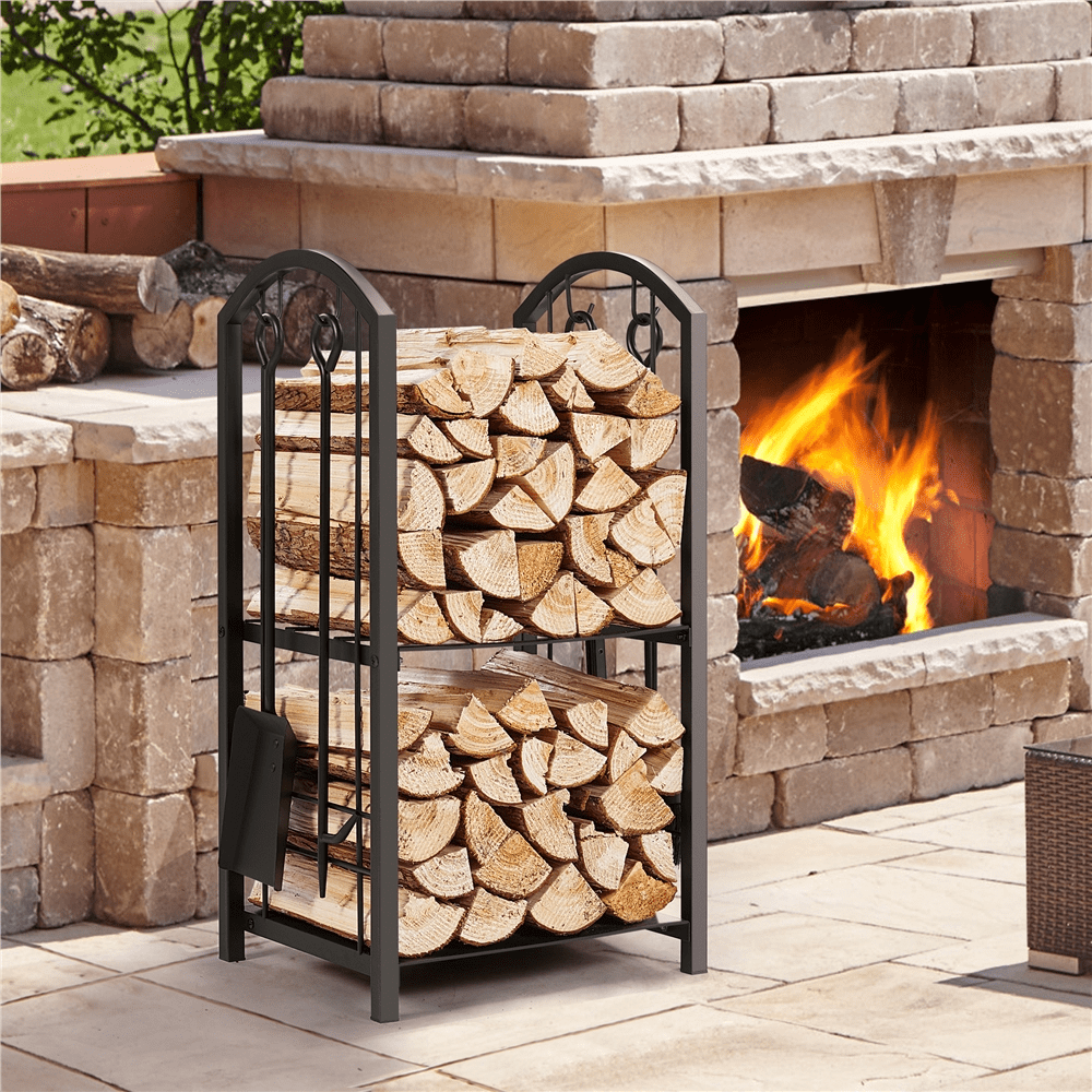 Yaheetech 2 Tiers Firewood Rack with 4 Tools Sets,Black