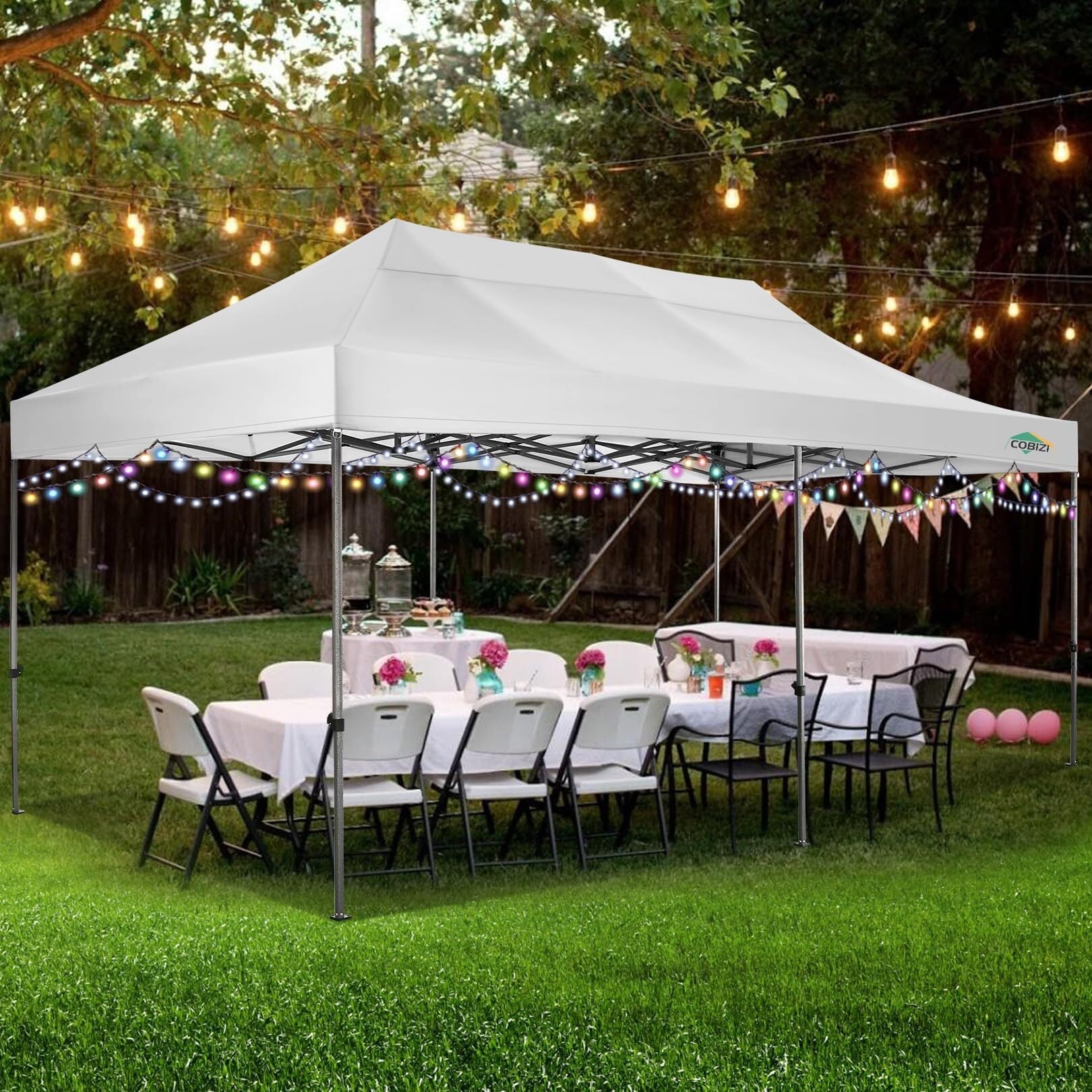 COBIZI 10'x20' Canopy EZ Pop Up Canopy Anti-UV Waterproof Outdoor Tent Portable Party Wedding Instant Canopy Shelter All Season Tent Gazebo with 6 Removable Sidewalls, 4 Sandbags, Roller Bag, White