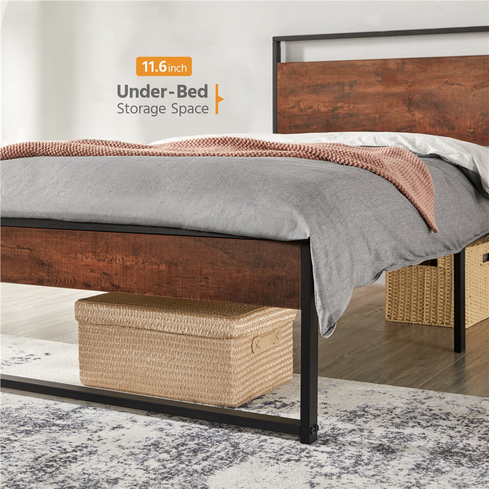Topeakmart Rustic Metal Bed Frame Slatted Bed Base with Wooden Headboard and Footboard, Twin
