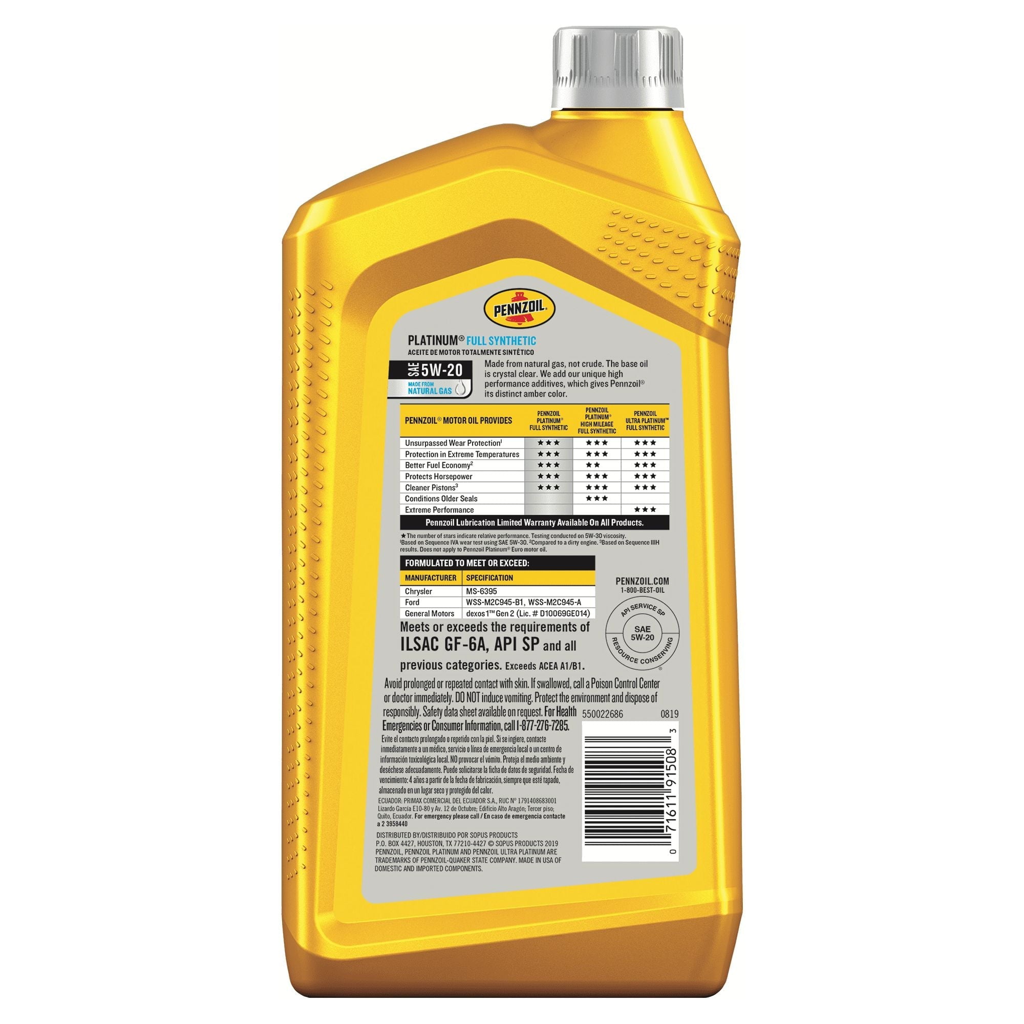 Pennzoil Platinum Full Synthetic 5W-20 Motor Oil, 1-Quart