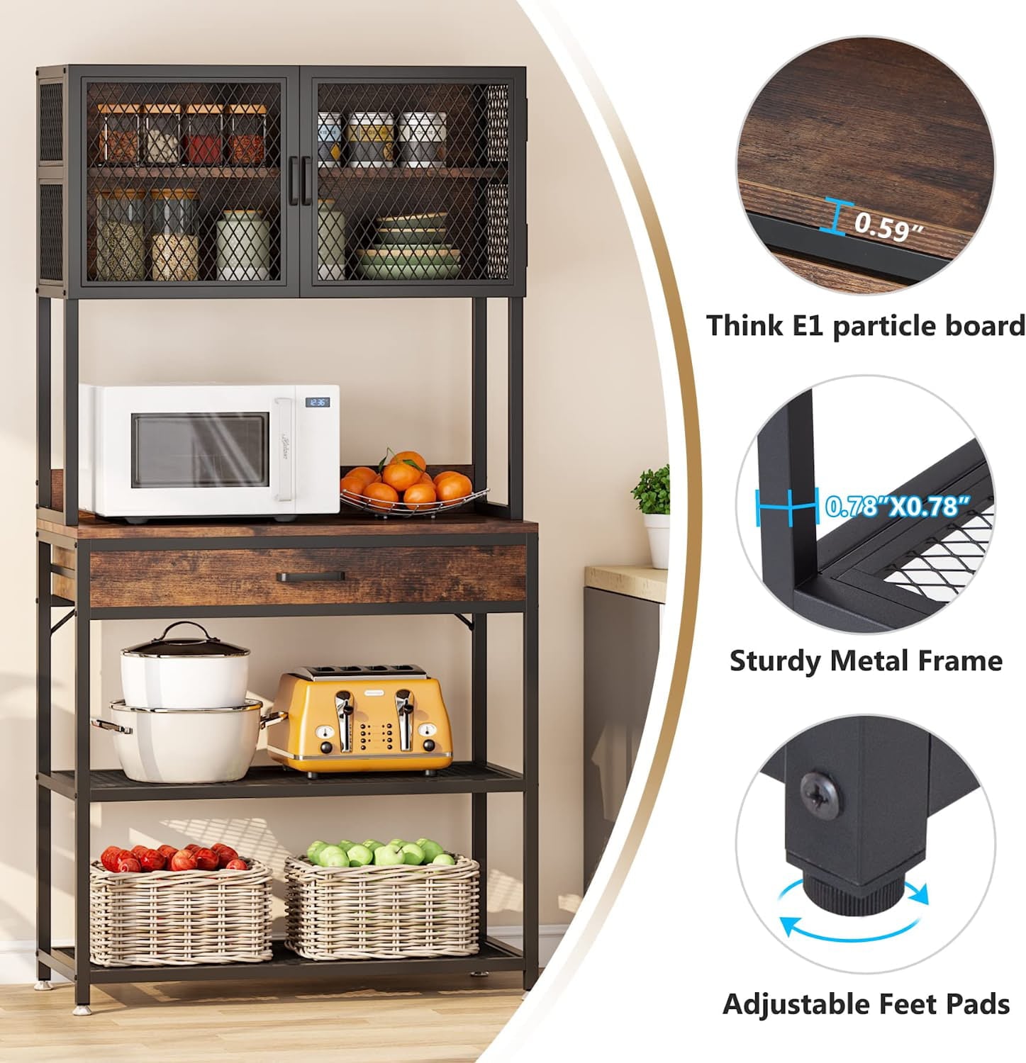 Tribesigns Kitchen Bakers Rack, Microwave Oven Stand with Open Shelves Cabinet and Drawer, Brown