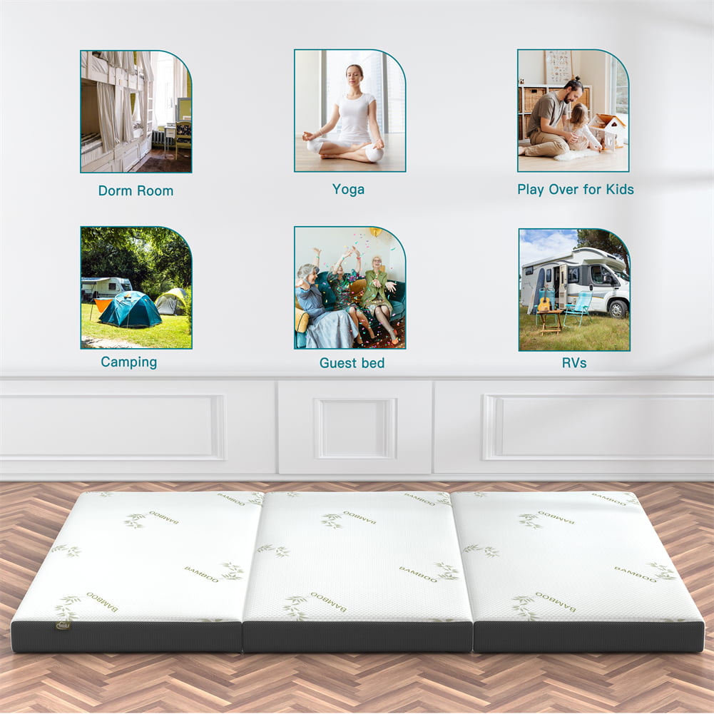 4 Inch Folding Mattress, Portable Trifold Gel Memory Foam Fold Mattresses, Guest Bed, Queen