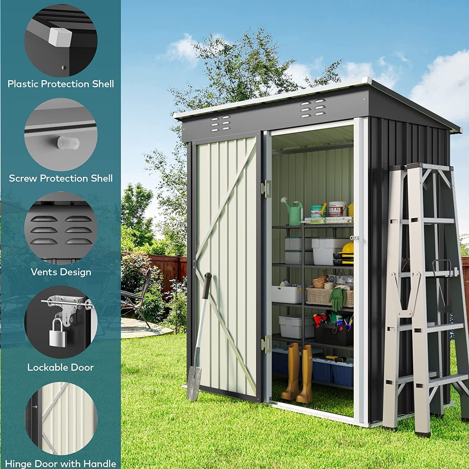 Aiho 5'x 3' Metal Outdoor Storage Shed with Lockable Door for Garden Backyard Patio - Gray