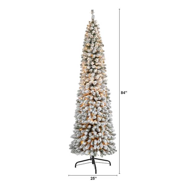 7 ft. Flocked Pencil Artificial Christmas Tree with 400 Clear Lights and 574 Bendable Branches