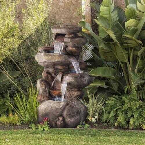 40 in. Tall Outdoor 4-Tier Rock Water Fountain LED Lights