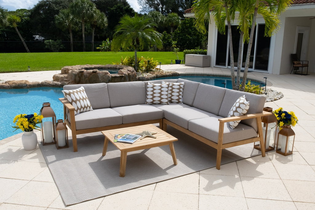 Laguna 4-Piece Eucalyptus Wood Outdoor Patio Conversation Sectional Set w/3-Piece Sectional and Coffee Table
