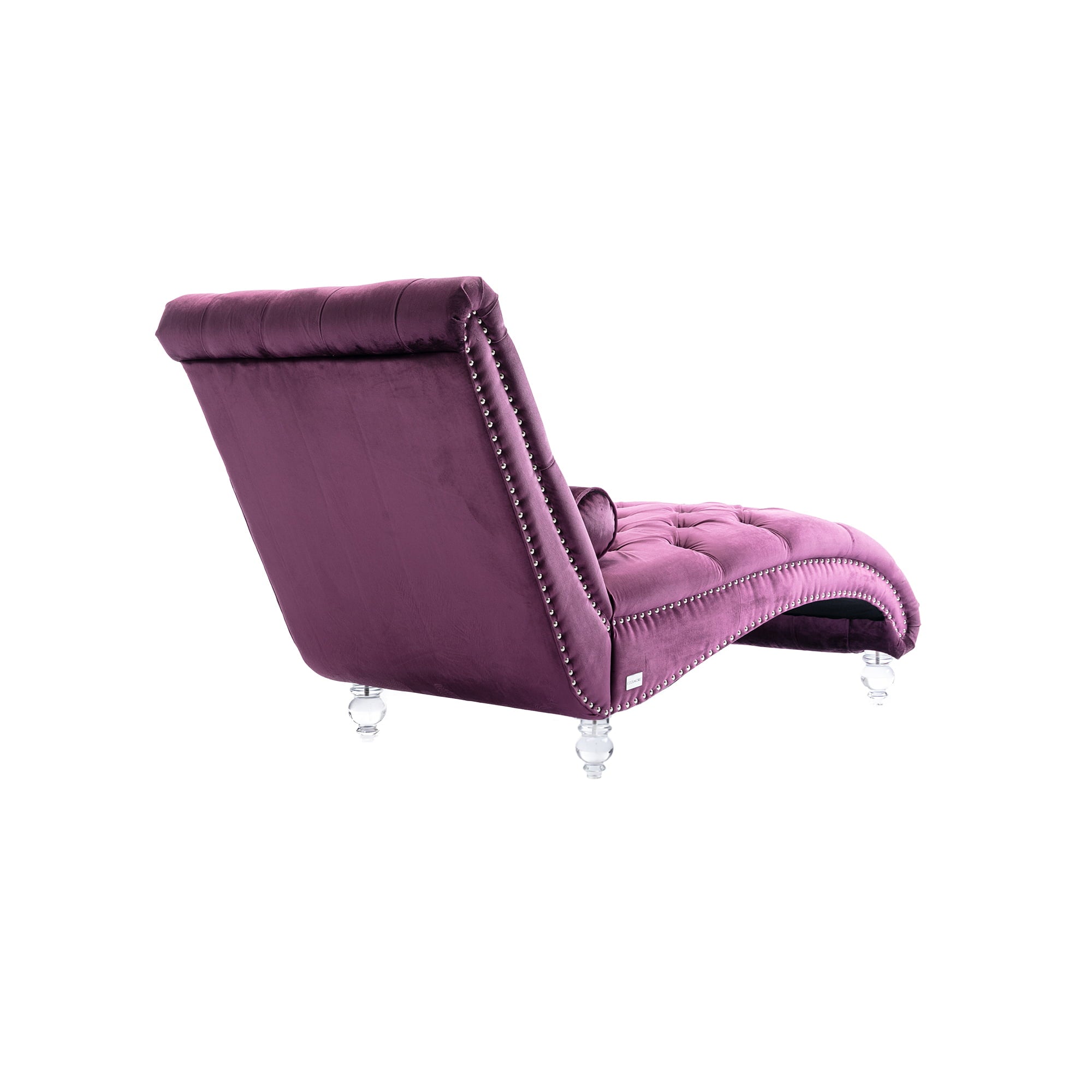 Velvet Chaise Lounge Chair, Modern Button Tufted Lounge Chair with Acrylic Legs and Nailhead Trim, Upholstered Sleeper Chair with Toss Pillow for Living Room Bedroom, Purple
