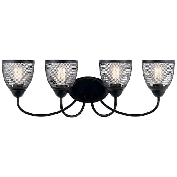 Voclain 32 in. 4-Light Black Vintage Bathroom Vanity Light with Mesh Shade