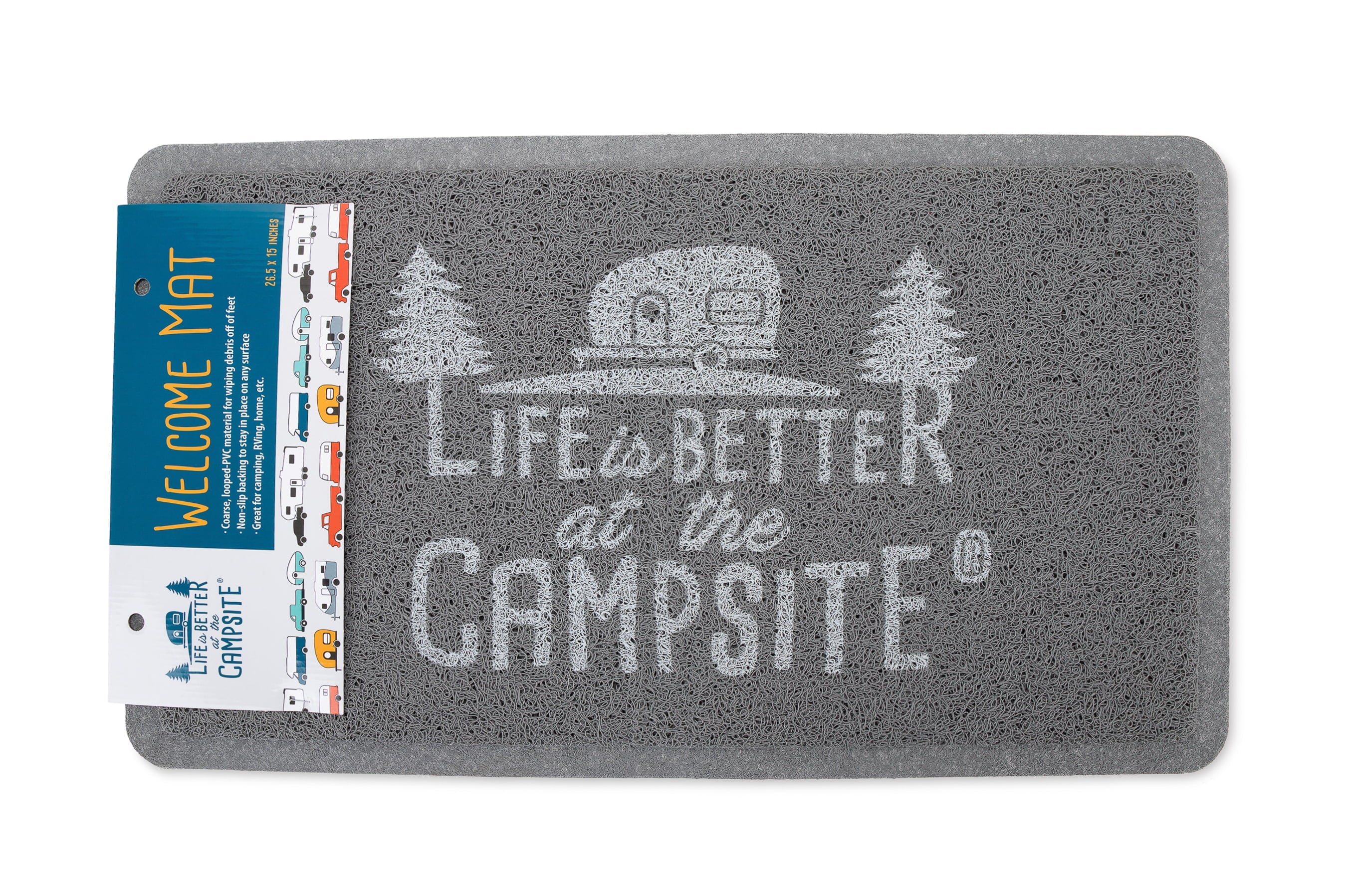 Camco Life is Better at The Campsite Camper/RV Scrub Rug/Door Mat | Looped PVC, Gray and White (53197)