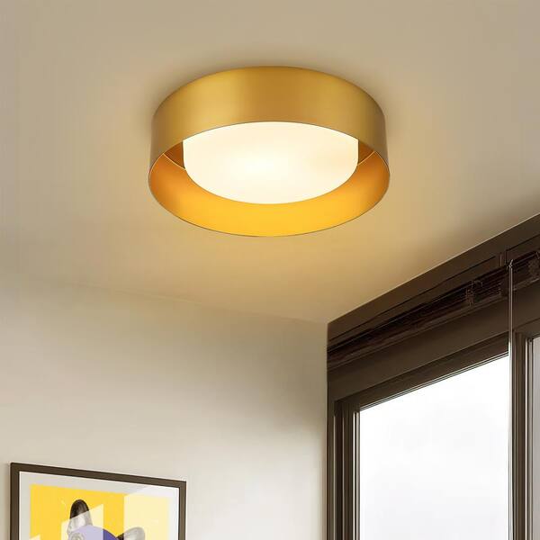 13.8 in. 1-Light Gold Flush Mount with Frosted Glass Shade