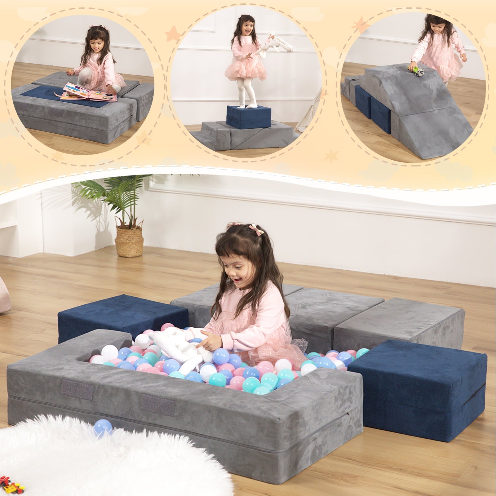 STAHMFOVER Play Couch Sofa for Kids Tunnel Climber Fold Out Sofa Convertible Climb and Crawl Foam Playset