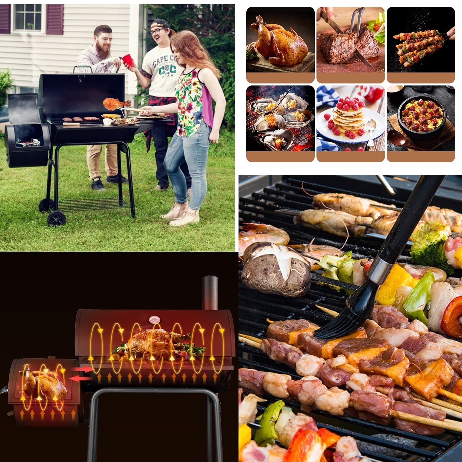 Outdoor Portable BBQ Charcoal Grill with Offset Smoker, Black