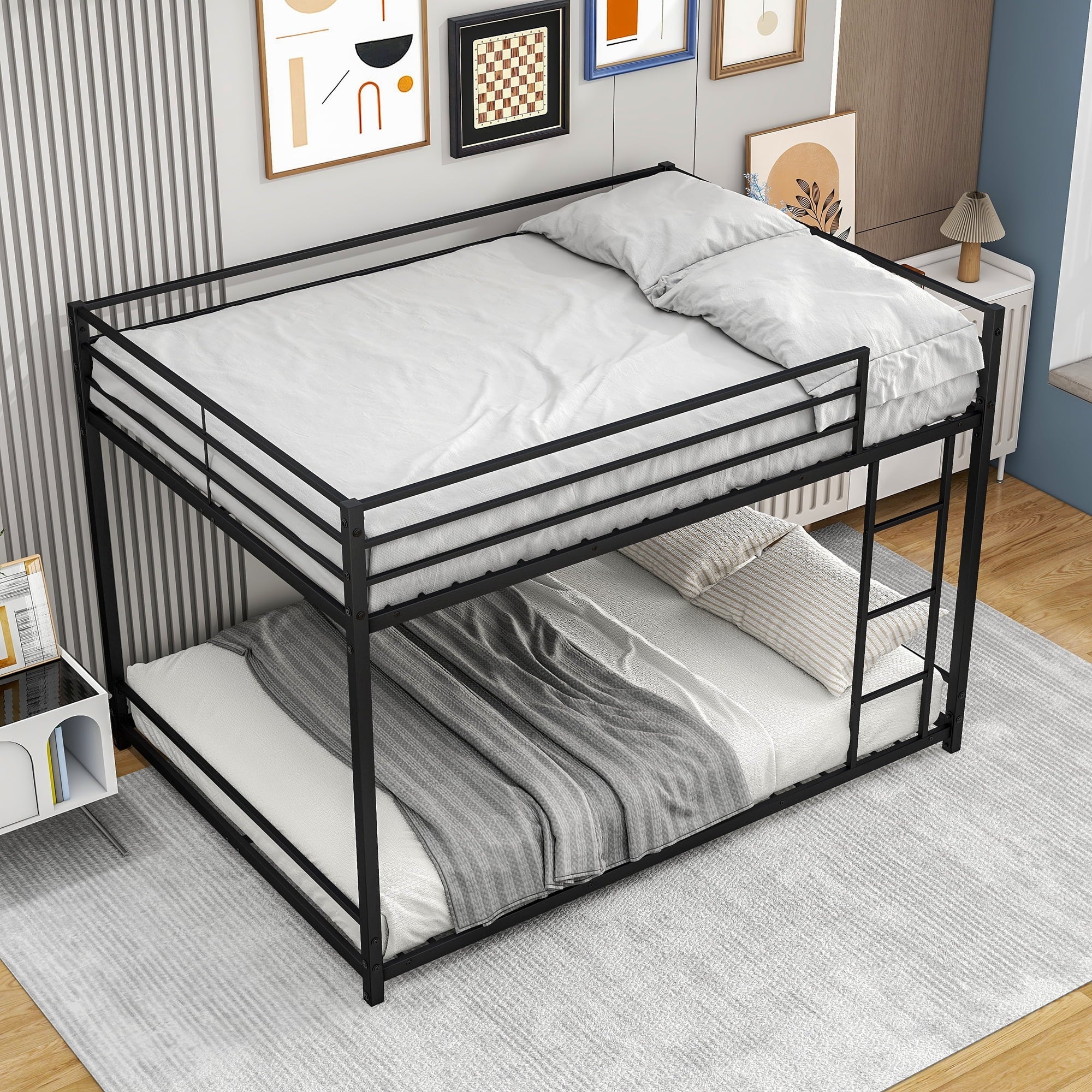 uhomepro Metal Bunk Bed Full Over Full, Heavy Duty Bed Frame with Safety Guard Rails, Flat Ladder, Durable Bunk Beds Full Over Full Size for Kids Teens Adults, Bedroom Furniture, Black