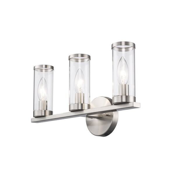 Loveland 16.625 in. 3-Light Brushed Nickel Bathroom Vanity Light Fixture with Clear Glass Shades
