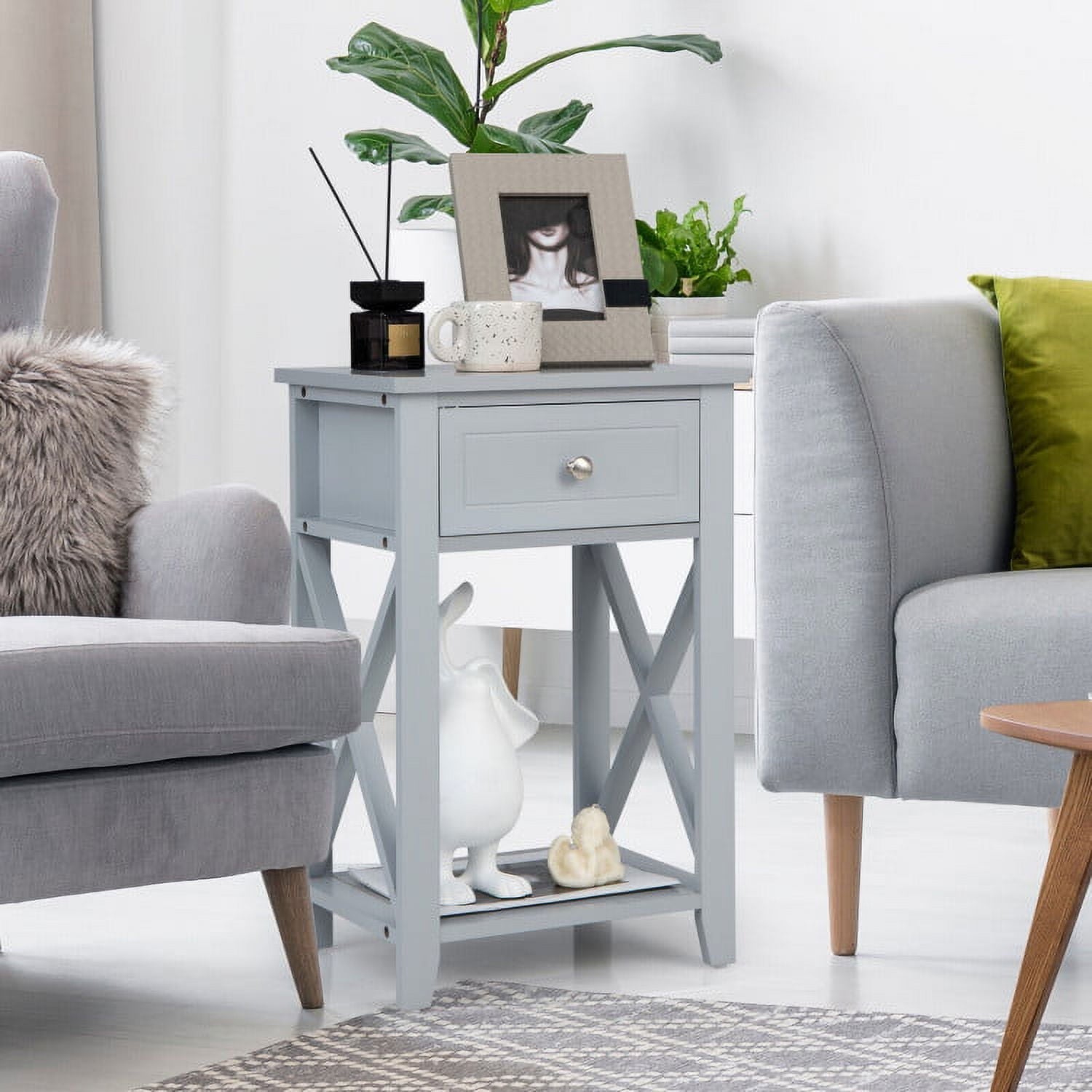 Forclover Sofa Side End Table with Drawer and Shelf-Gray