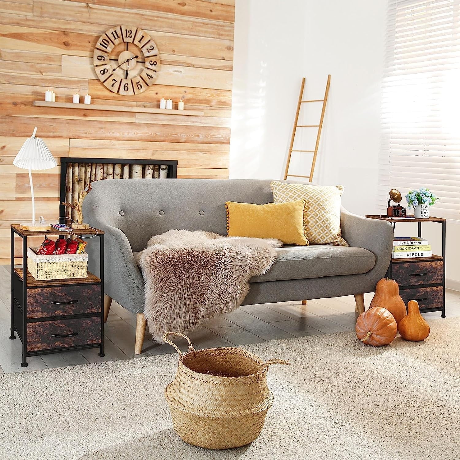 Brown Nightstand with 2 Fabric Drawers End Table with Charging Station Set of 2