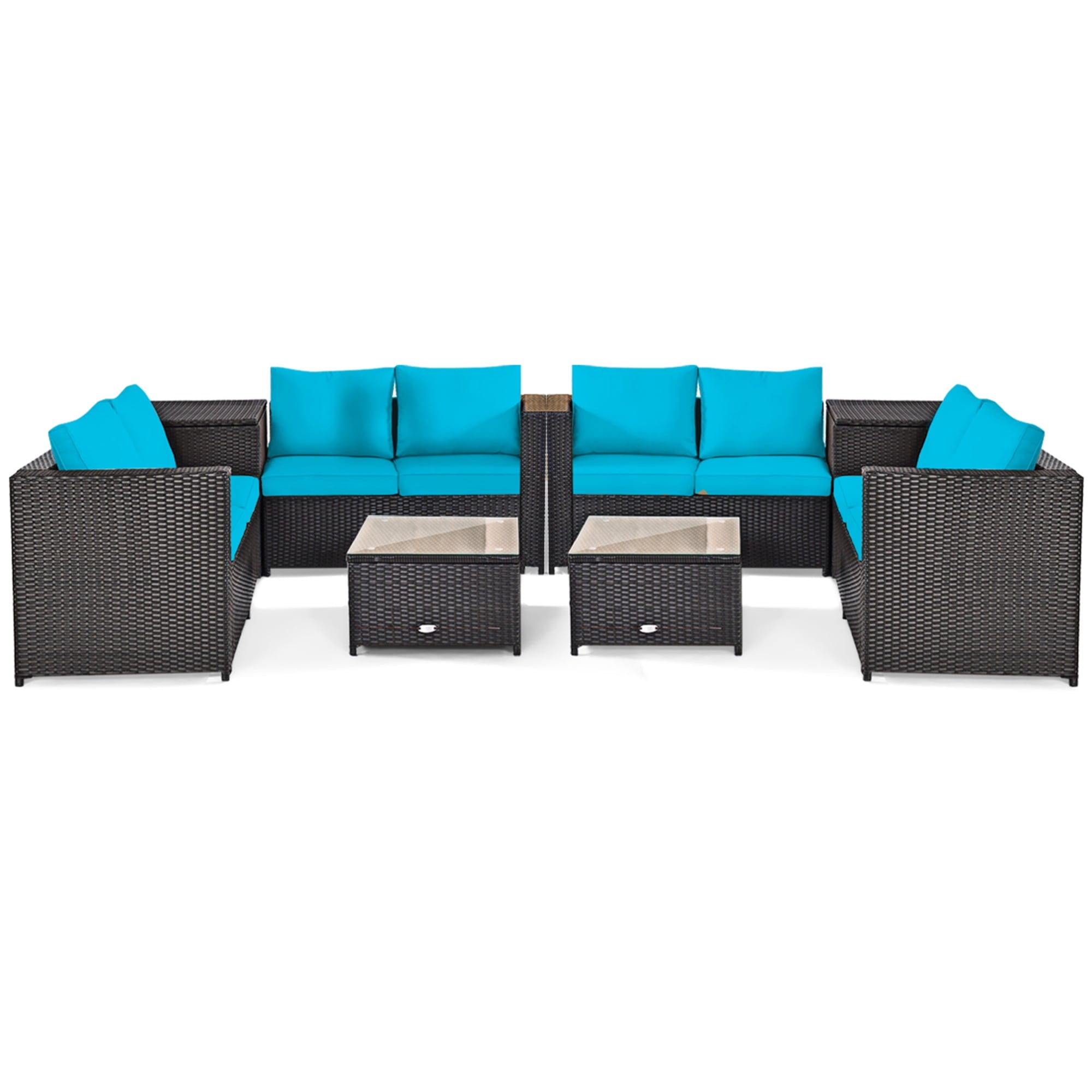 Gymax 8PCS Cushioned Rattan Patio Conversation Set w/ Side Table Turquoise Cushion