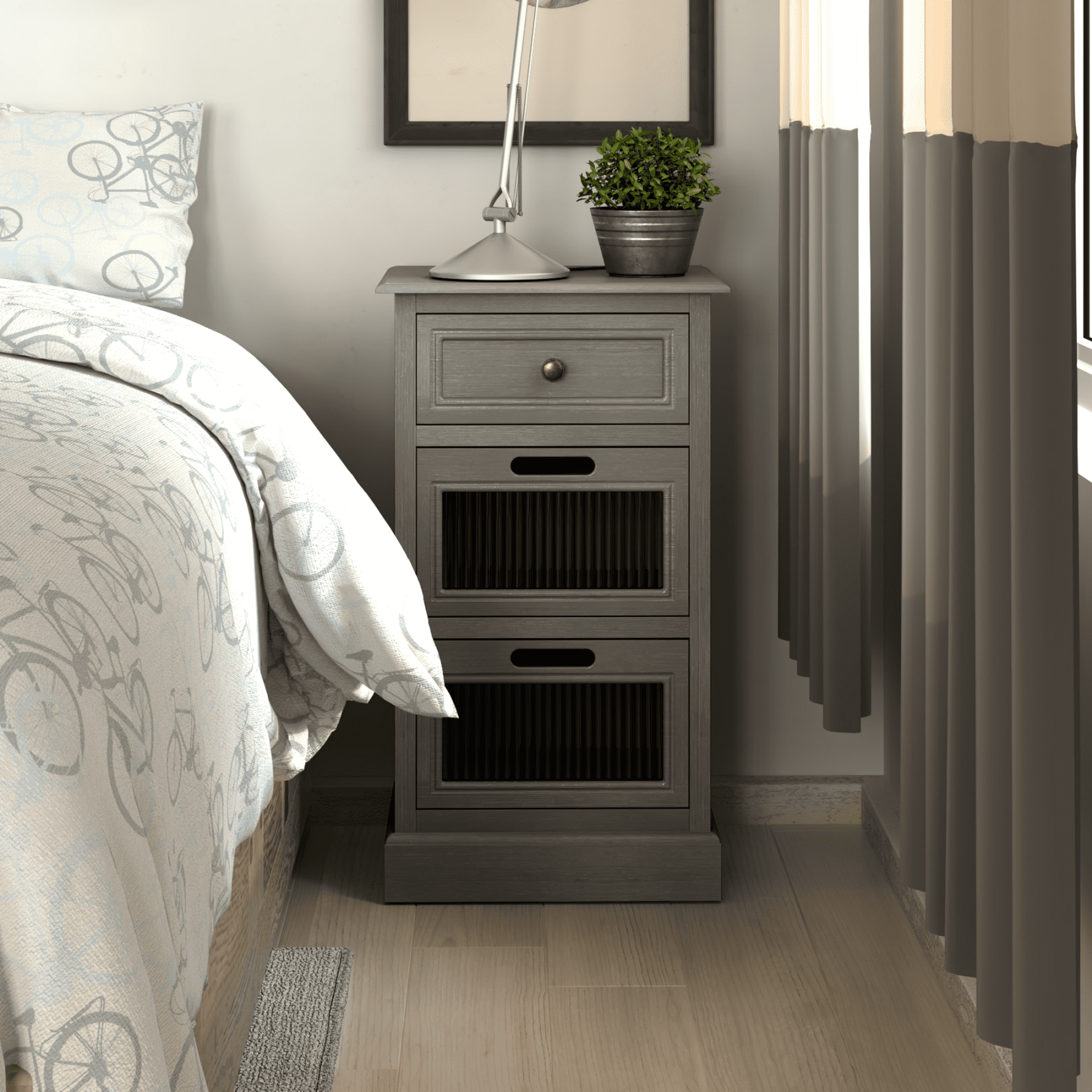 COZAYH Mid Century Modern Nightstand, Fully Assembled Nightstand with 3 Reeded Glass Front Drawers, Distressed Gray Nightstand with Antique Brass Knob and Metal Glide, 27.5” Tall