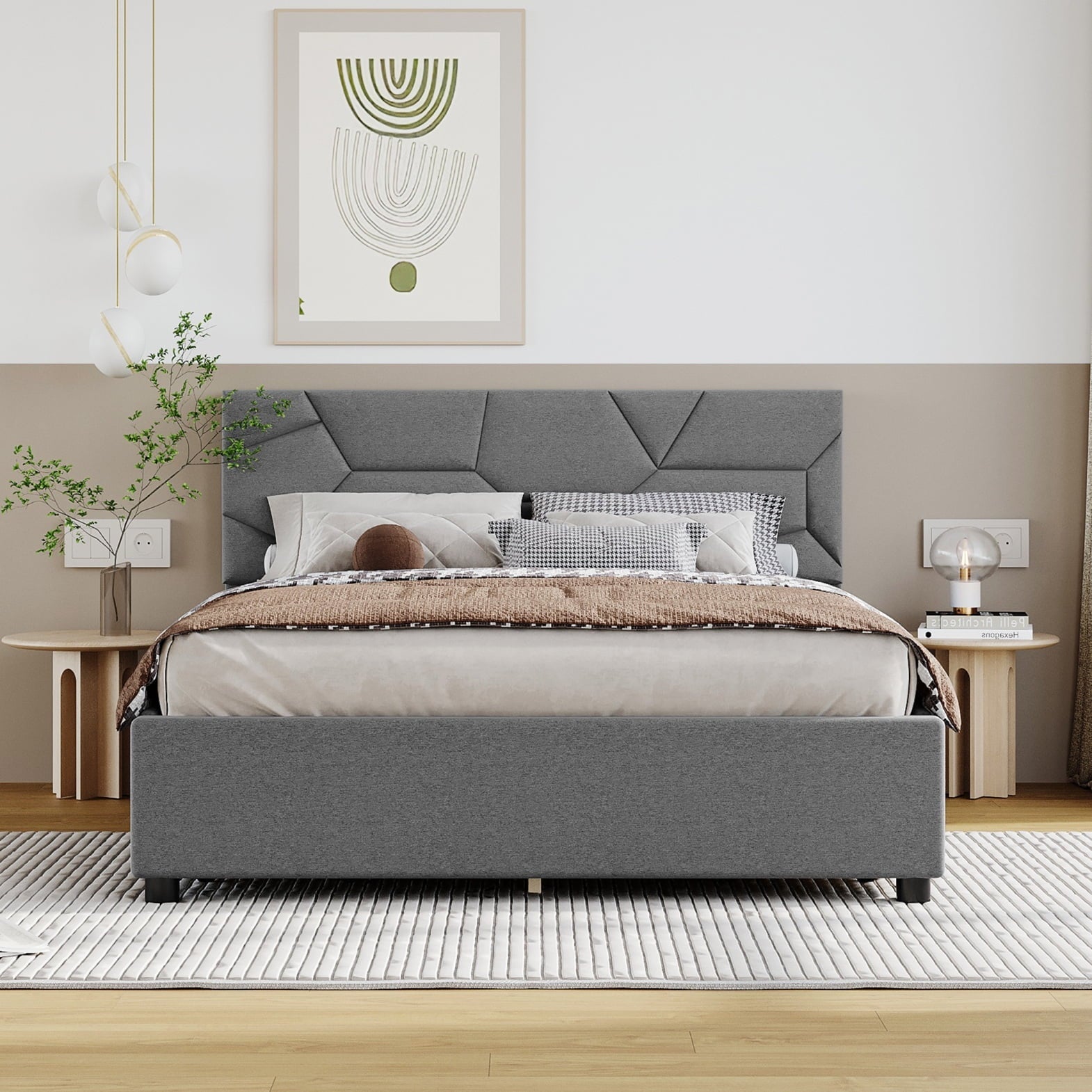 Upholstered Platform Bed with 4 Storage Drawers, Full Size Storage Platform Bed Frame with Brick Pattern Heardboard and Wood Slats Support for Bedroom Dorm Apartment, No Box Spring Needed, Gray