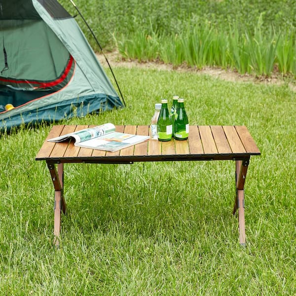 Brown Folding Outdoor Table, Lightweight Aluminum Roll-up Rectangular Table for Outdoor Camping, Picnics