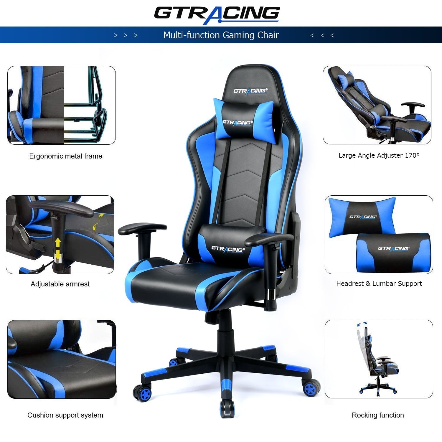 GTRACING Gaming Chair PU Office Chair with Speakers Bluetooth in Home, Blue