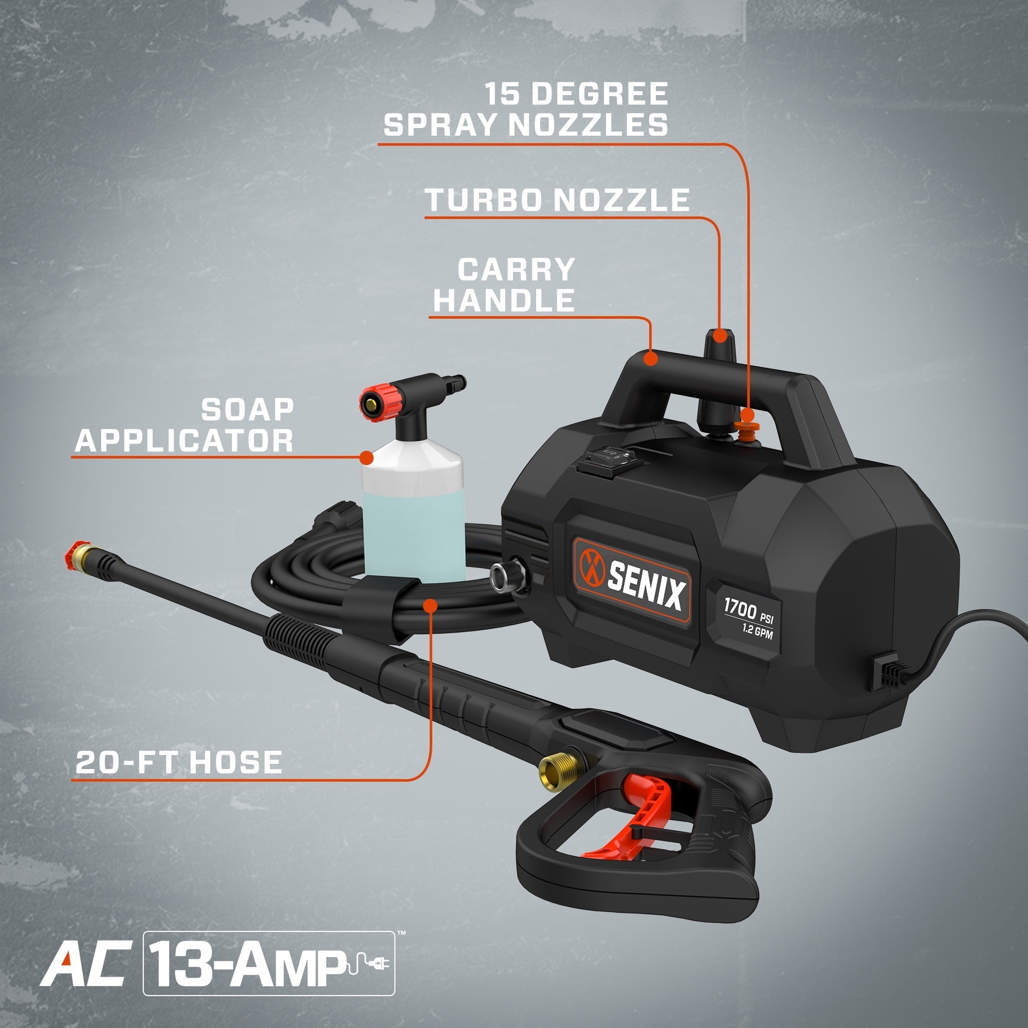 SENIX 1700 PSI 1.2 GPM 13 Amp Electric Pressure Washer for cars, homes, decks, boats, with Turbo Nozzle and Foam Cannon, HPWE13-L