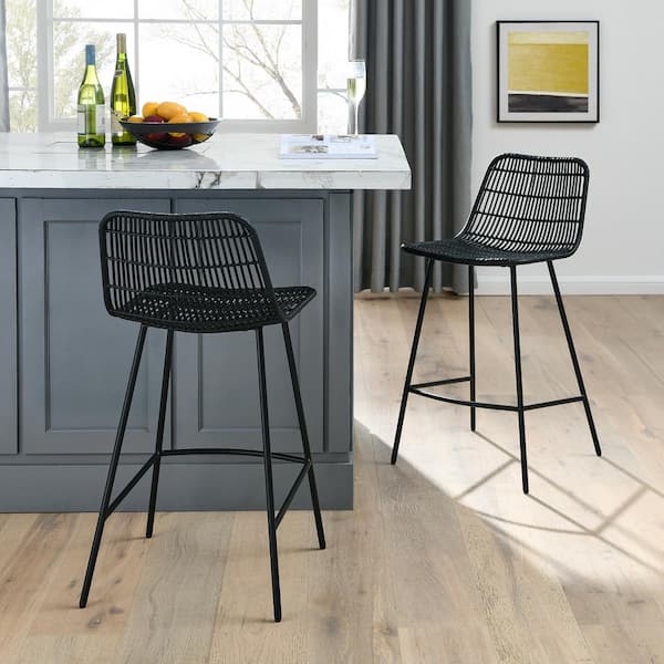 Vintage Classic 34 in. Black Low Back Steel Frame Rattan Bar Stools with Footrest Artistic Dining Chair (Set of 2)