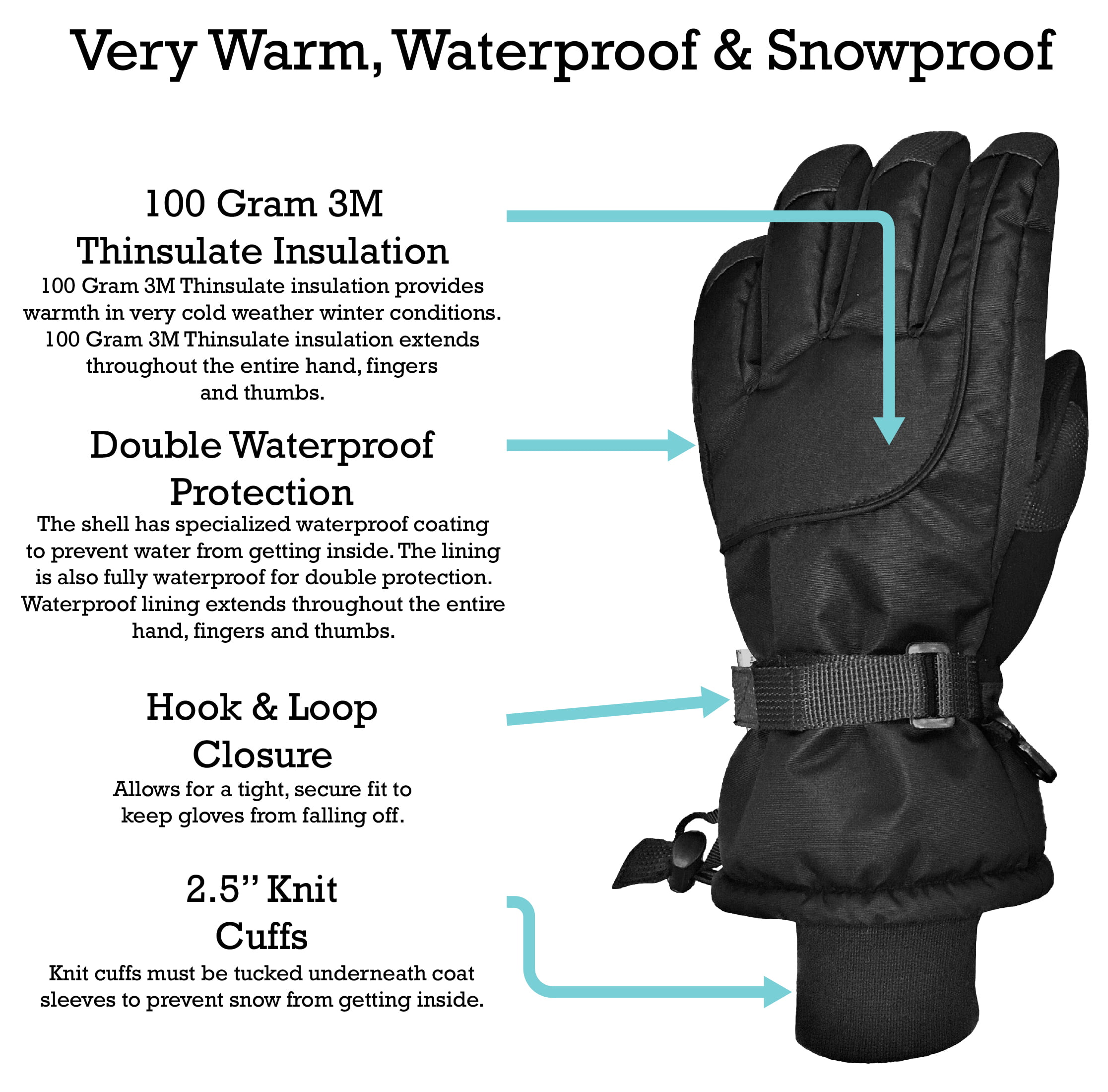 N'Ice Caps Kids Extreme Cold 100 Gram Thinsulate Waterproof Ski Snow Winter Black Gloves Boys Girls