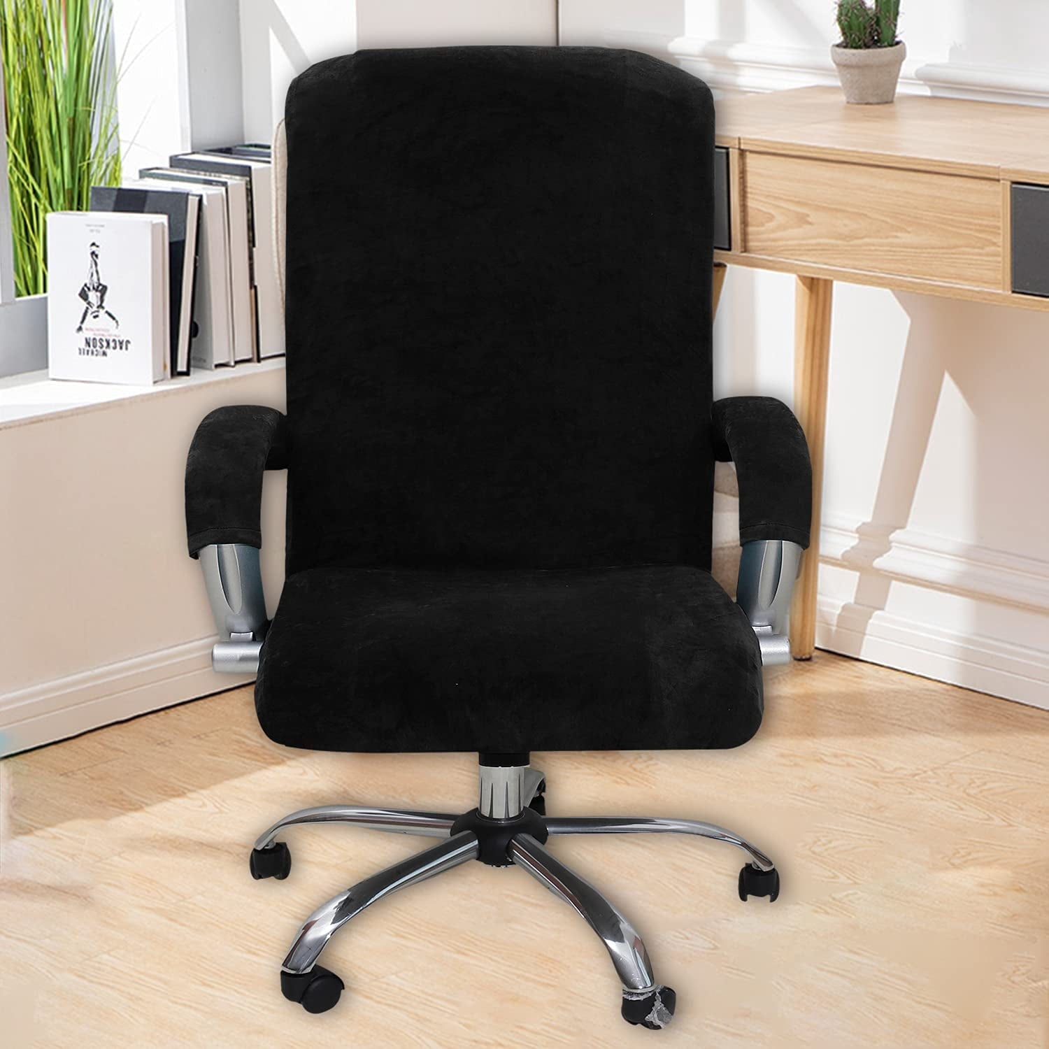 Velvet Office Chair Cover with Arm Covers Stretch Computer Desk Chair Covers Universal Boss Swivel Chair Covers Gaming Chair Covers (M,Black)