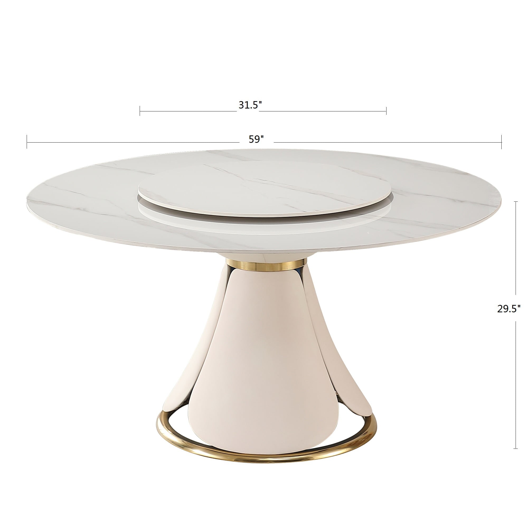 59” Leavader Sintered Stone Round Kitchen Dining Table Set with 31.5” Round Turntable for 8 People with Stainless Steel Base with 8 Chairs