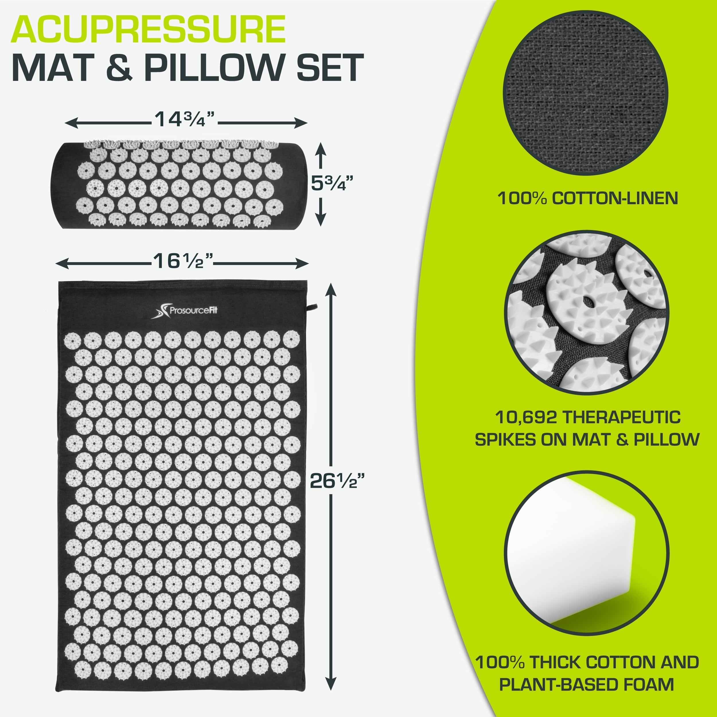 ProsourceFit Acupressure Mat and Pillow Set, Black
