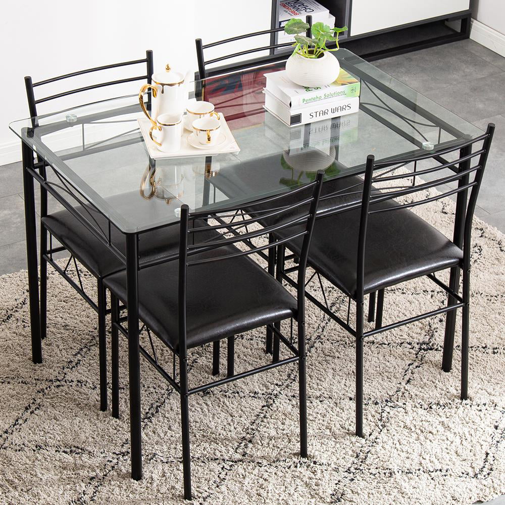 Zimtown 5 Pieces Dining Set Table with 4 Chairs Glass Diner Table with Metal Frame Kitchen Dining Room Furniture Black