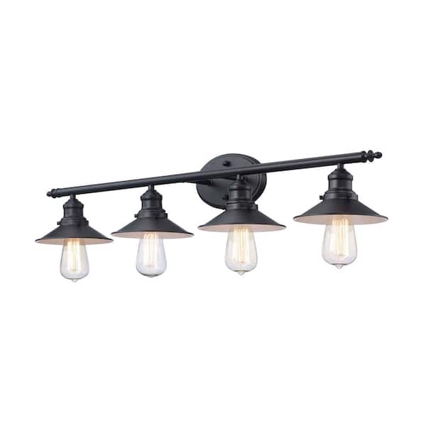 Glenhurst 34 in. 4-Light Industrial Farmhouse Black Bathroom Vanity Light Fixture with Metal Shades