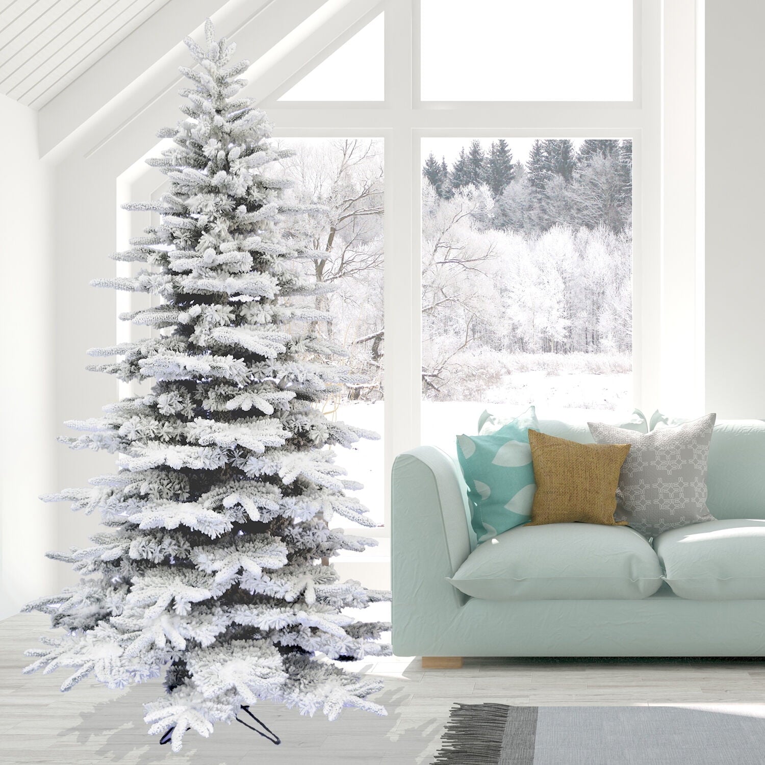 Fraser Hill Farm Unlit 7.5-Ft. Flocked Mountain Pine Christmas Tree