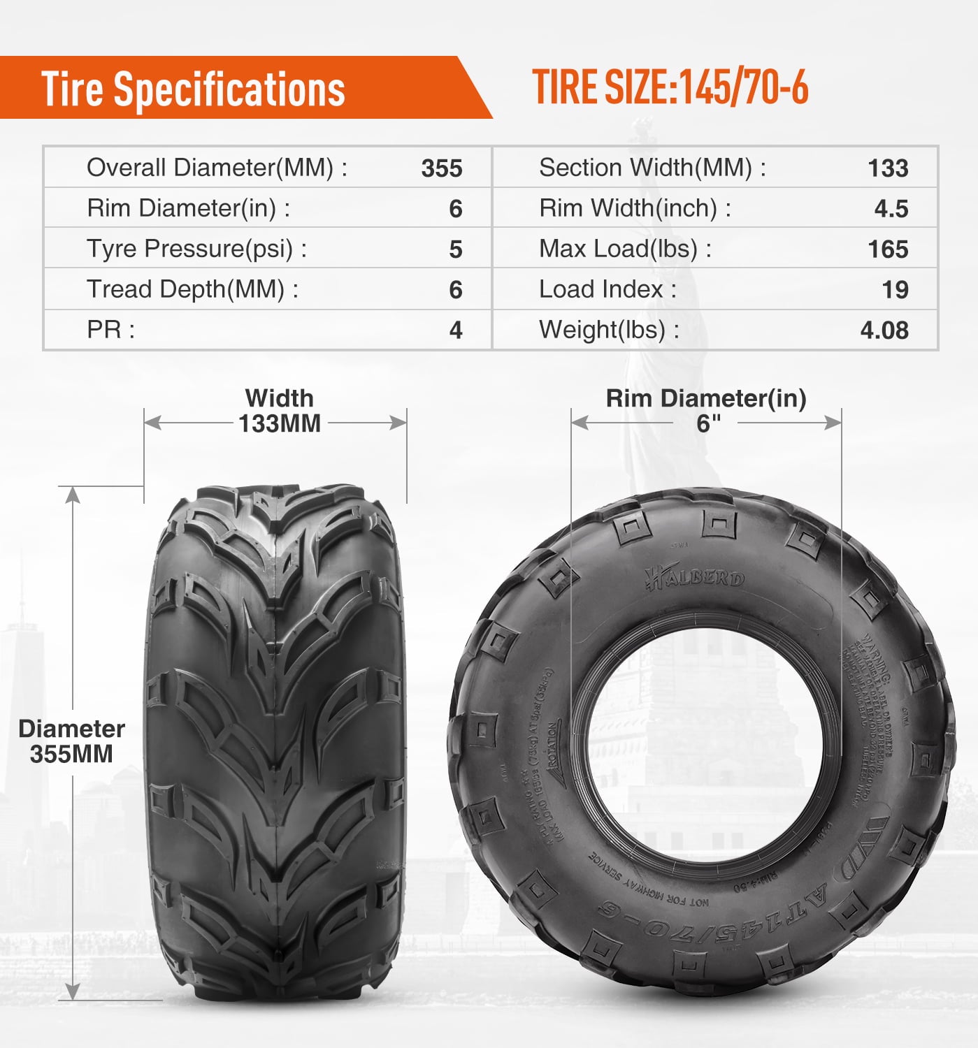 HALBERD 145/70-6 145 70-6 ATV Tires 4PR Go Kart Street Mini Bike Off-road Tires
