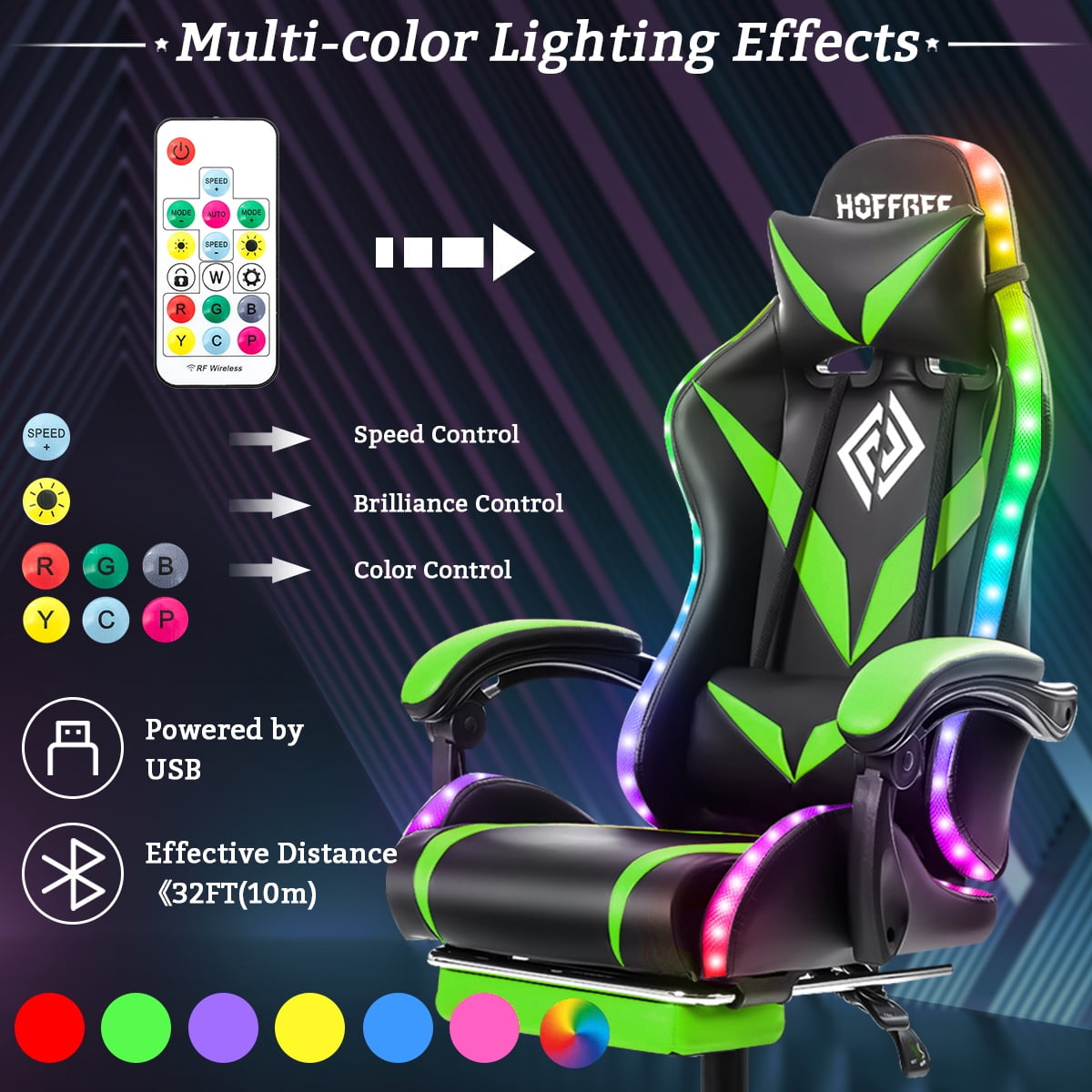HOFFREE Gaming Chair with RGB LED Lights Ergonomic Computer Chair with Massage Lumbar Pillow Linkage Armrest Reclining Leather Video Game Chair Racing Style for Home Office