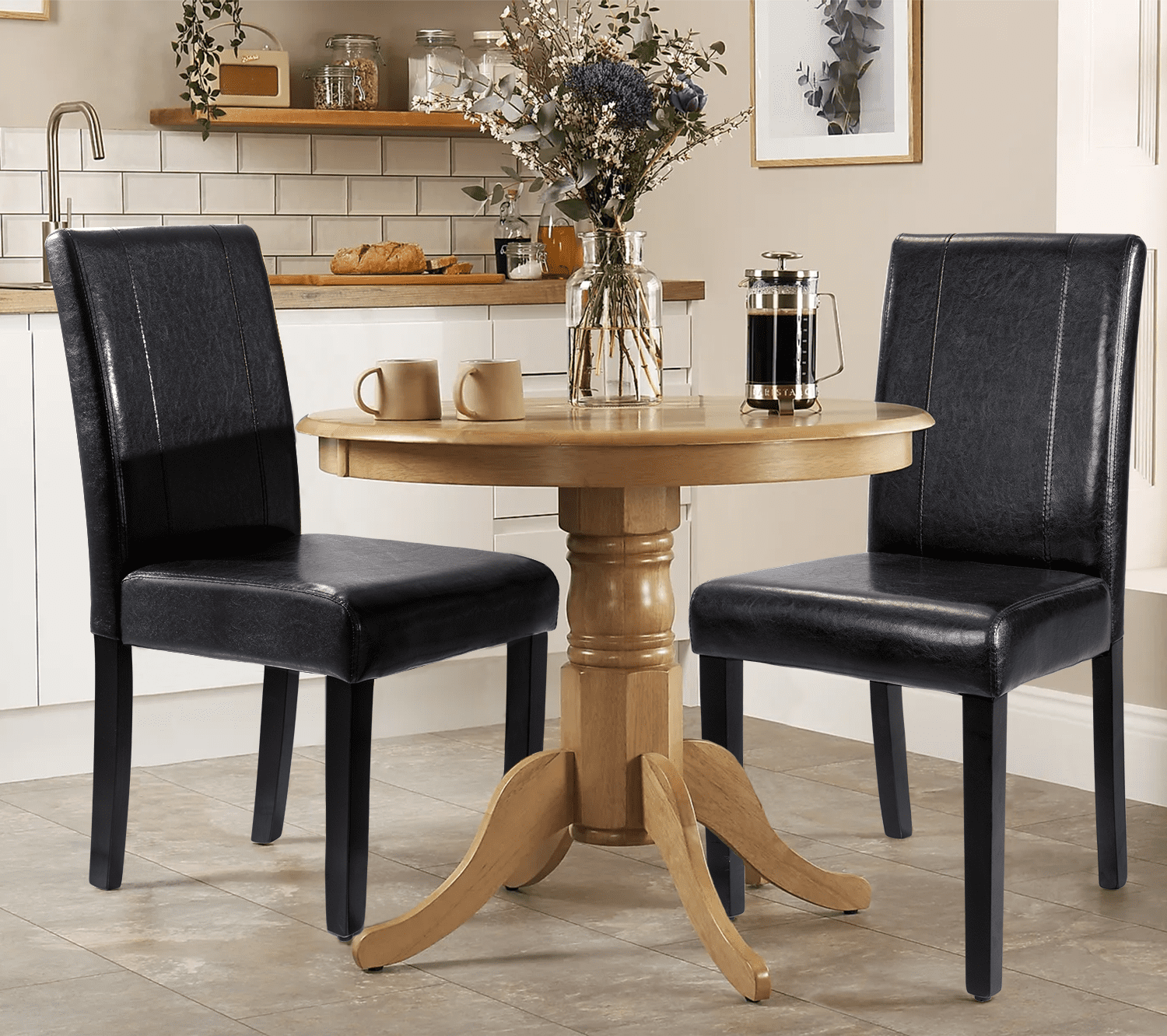 Lacoo Set of 4 Urban Style PU Leather Dining Chairs with Wood Legs, Black