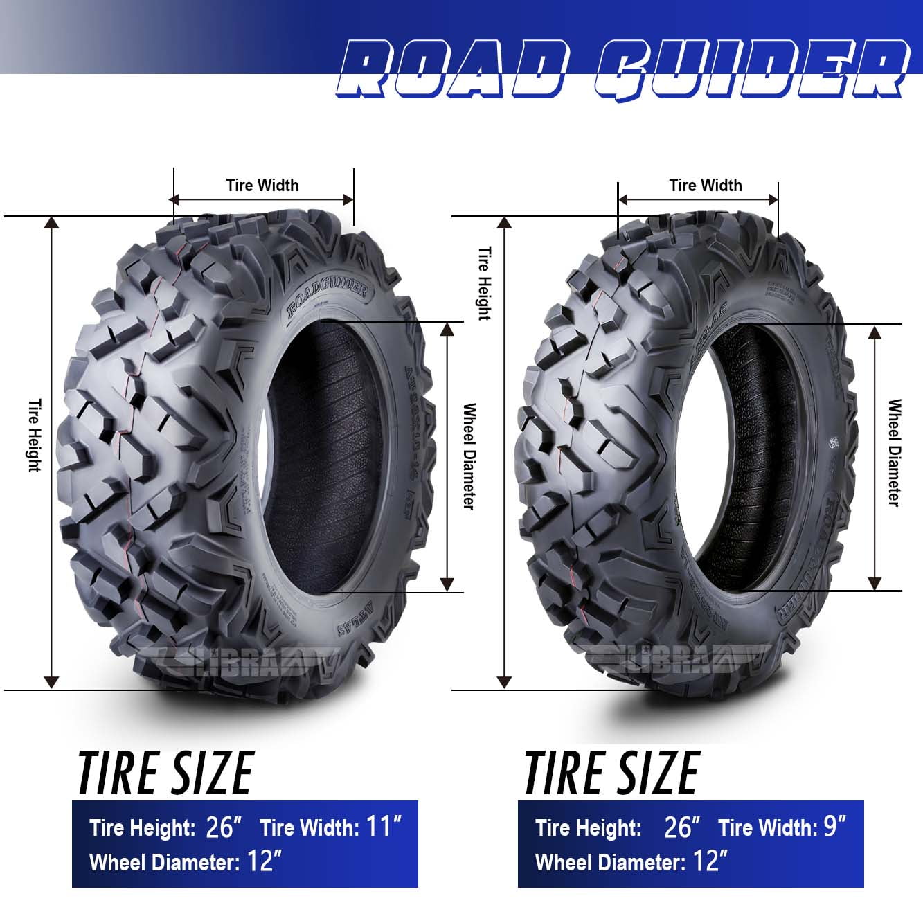 Set 4 Roadguider ATV UTV Tires 26x9-12 26x9x12 front & 26x11-12 26x11x12 Rear 6PR