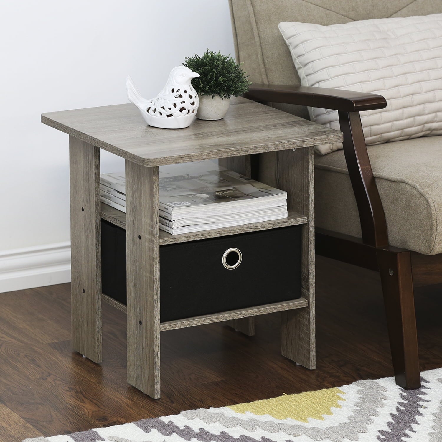 Furinno Andrey End Table Night Stand with Bin Drawer, Black/Gray, Wood, Rectangular